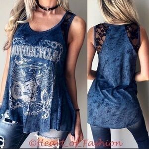 Vocal Navy Taupe Embellished Graphic Biker Tank